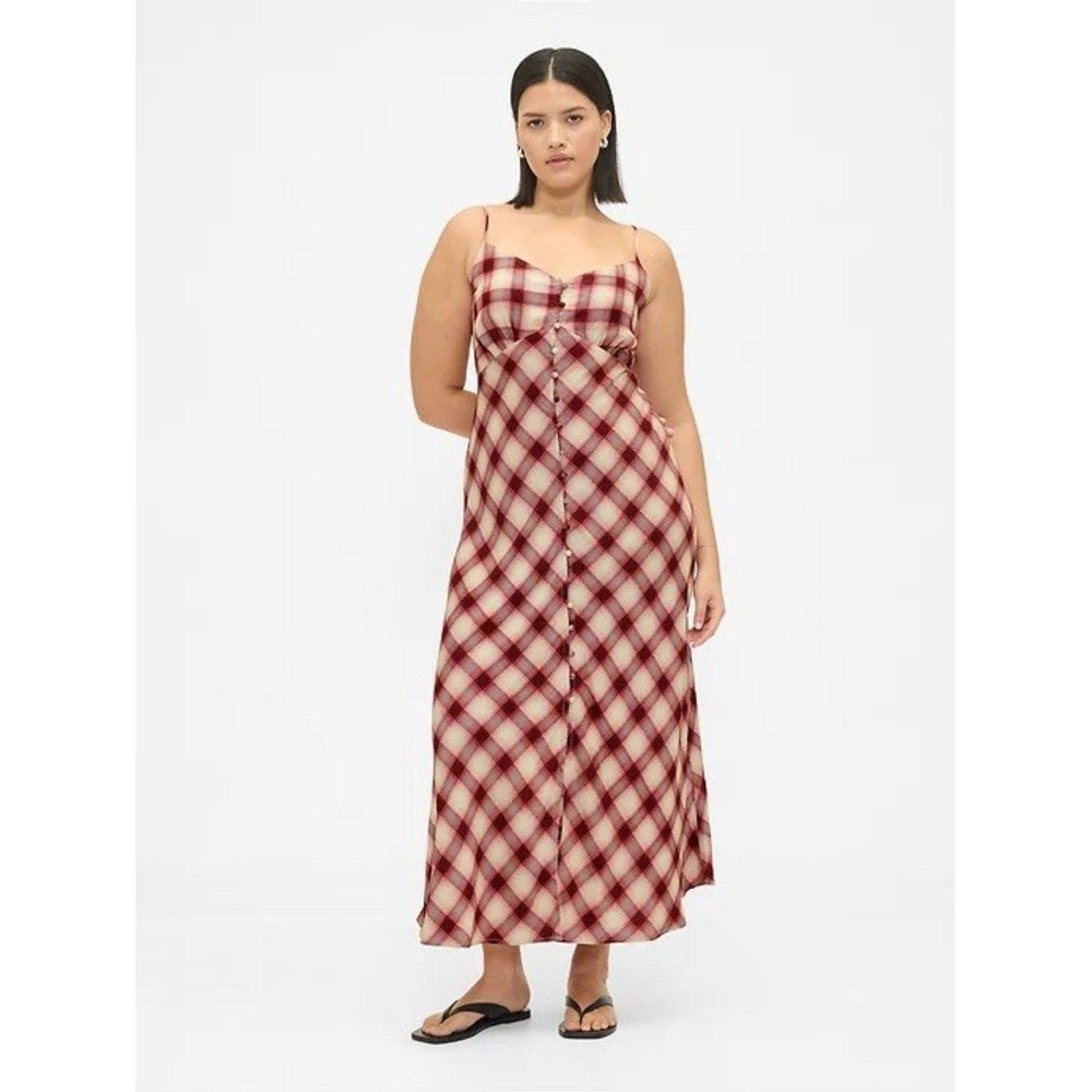 Gap Woman's L Plaid Front Button Maxi Dress Pink Preppy NEW